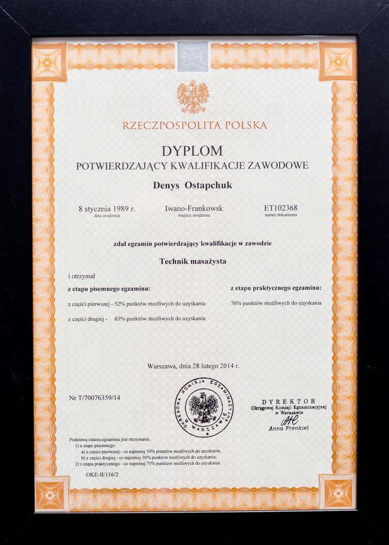 Certyfikat Technik Usług Dietetycznych - Denis chiropraktyk terapeuta manualny Warszawa Zmysł Ciała