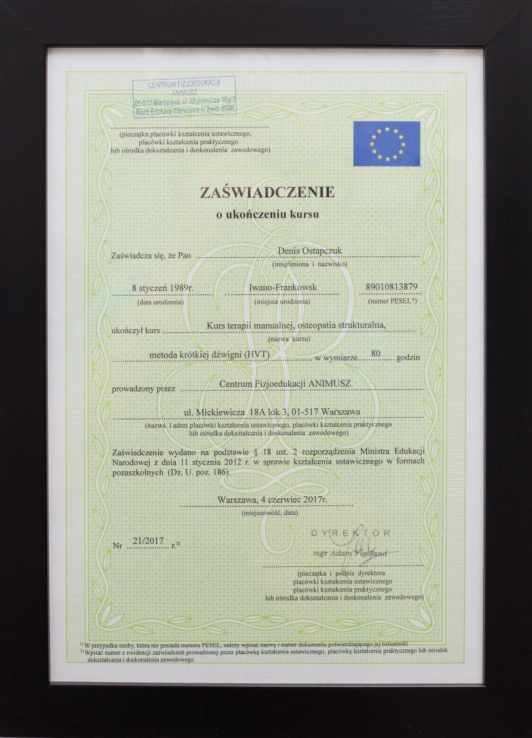 Certyfikat Naturopata - Denis chiropraktyk terapeuta manualny Warszawa Zmysł Ciała