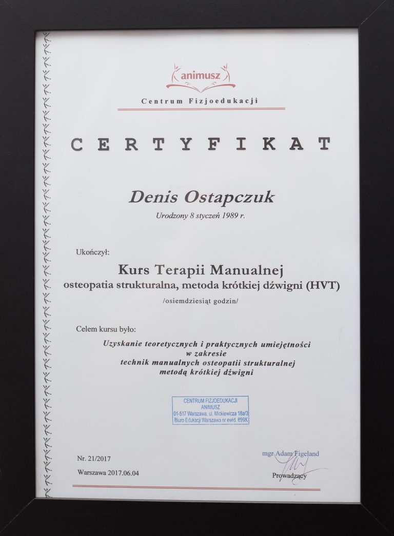 Dyplom wykształcenia zawodowego - Denis chiropraktyk terapeuta manualny Warszawa Zmysł Ciała